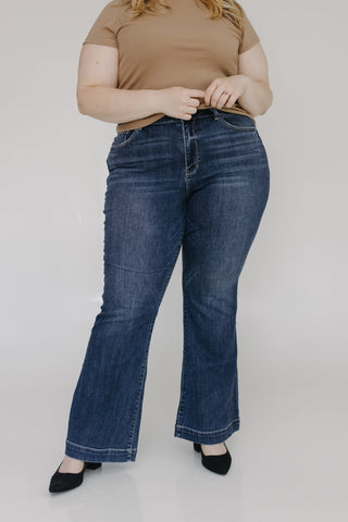 JUDY BLUE HIGH WAIST NON - DISTRESSED TROUSER FLARE IN DARK WASH - Love Marlow