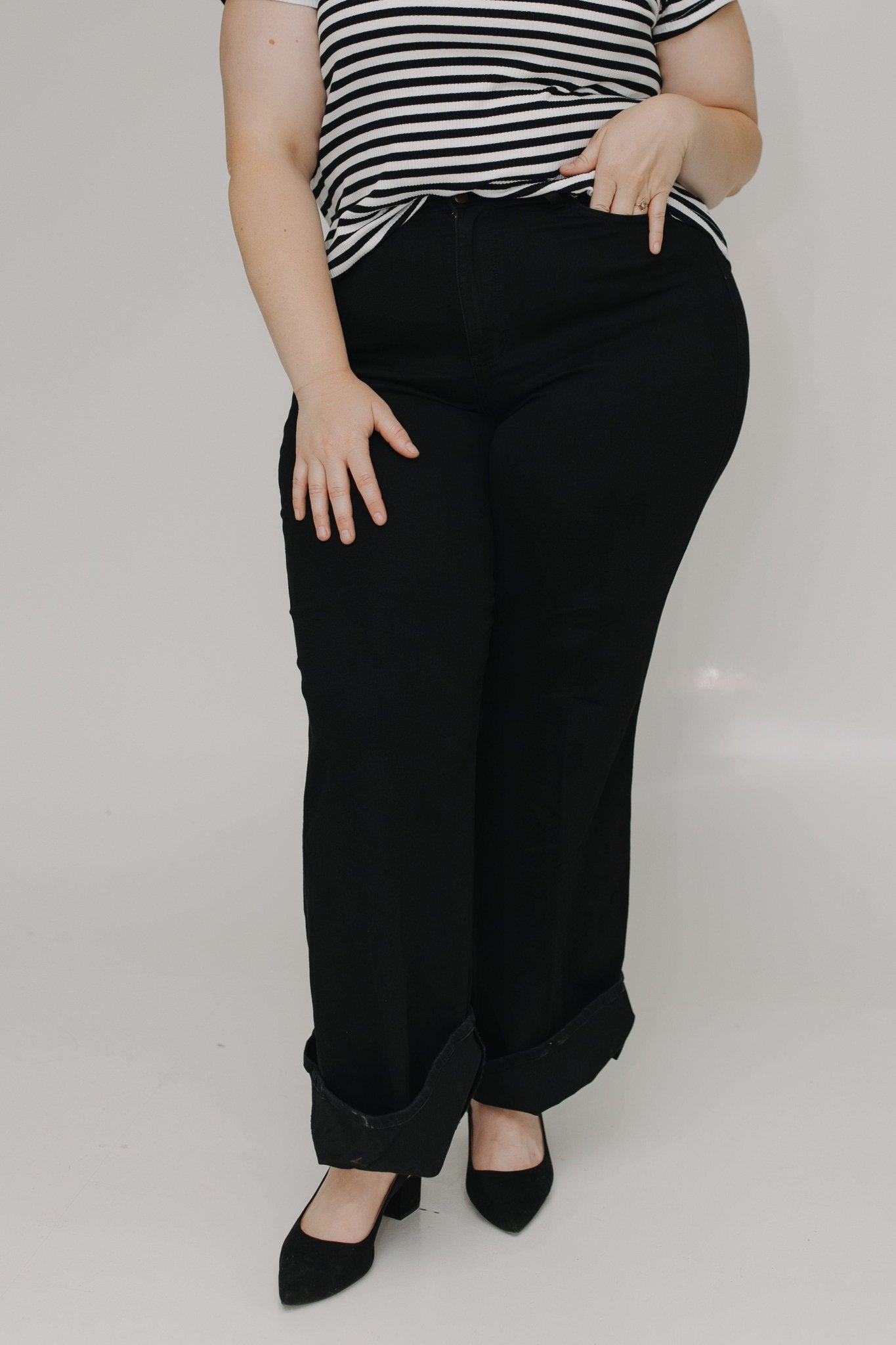 JUDY BLUE HIGH WAIST RETRO WIDE LEG WITH CUFF IN BLACK - Love Marlow
