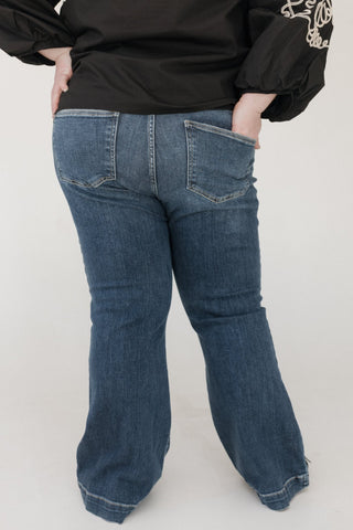 Judy Blue High - Waist Trouser Flare Jeans in Dark Wash – Petite Length - Love Marlow