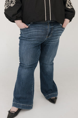 Judy Blue High - Waist Trouser Flare Jeans in Dark Wash – Petite Length - Love Marlow