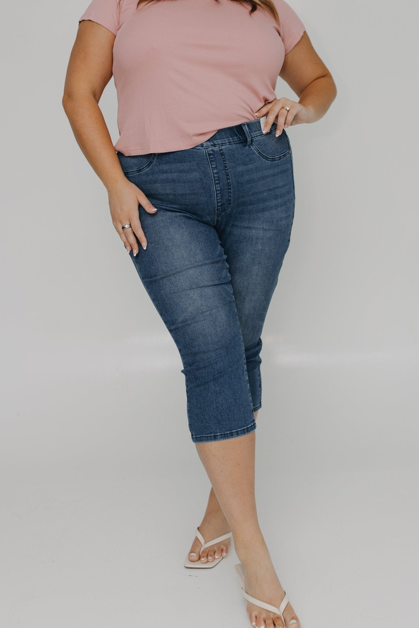 JUDY BLUE HIGH WAISTED PULL - ON CAPRI WITH COOL DENIM TECHNOLOGY IN MEDIUM WASH - Love Marlow