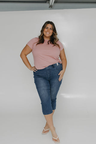 JUDY BLUE HIGH WAISTED PULL - ON CAPRI WITH COOL DENIM TECHNOLOGY IN MEDIUM WASH - Love Marlow