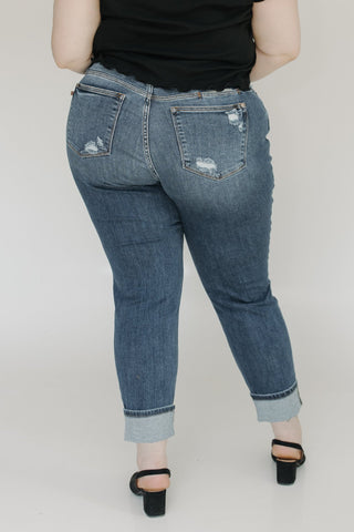 JUDY BLUE MID - RISE BOYFRIEND FIT DESTROYED KNEES JEANS WITH CUFF - Love Marlow