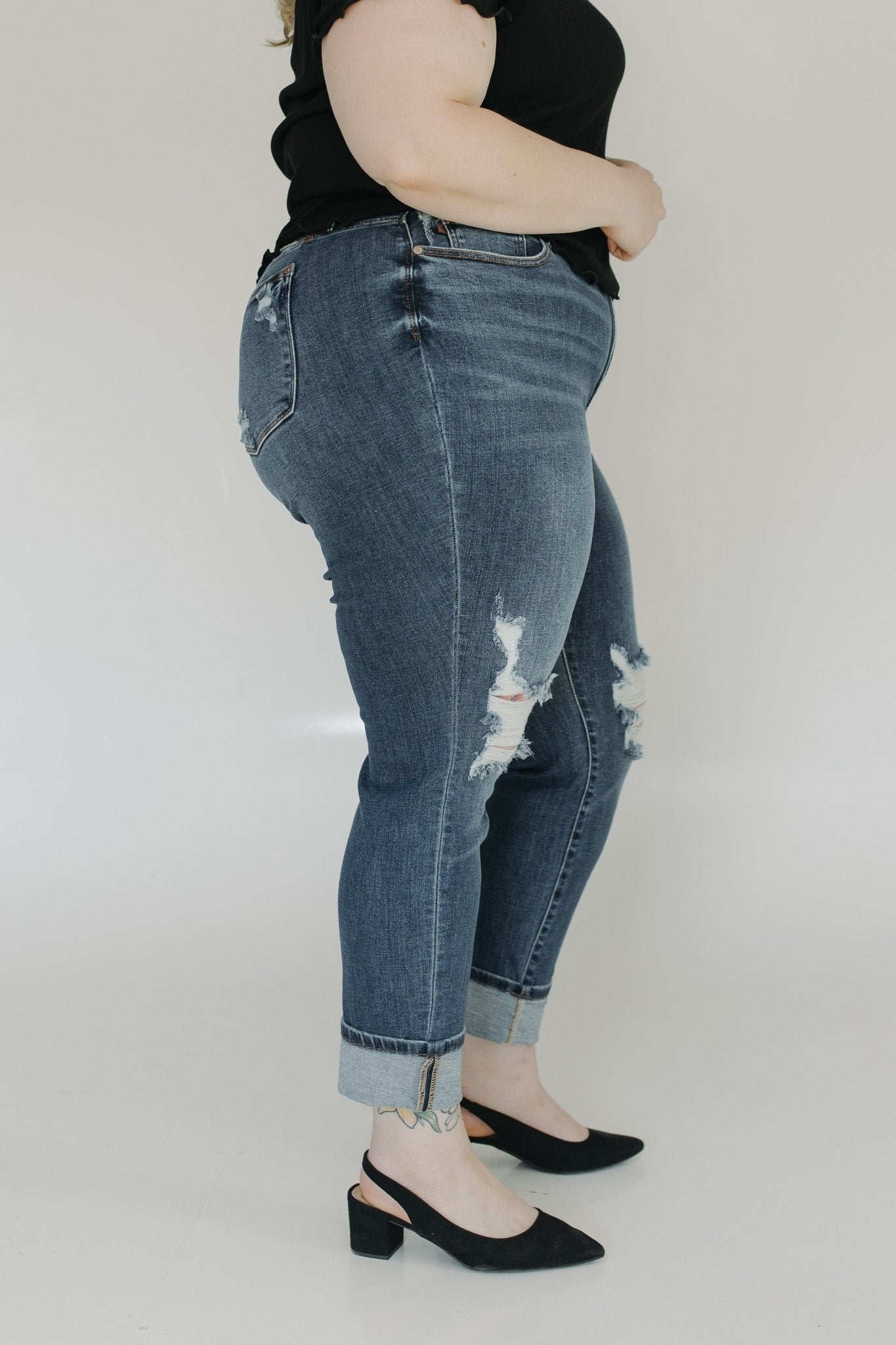 JUDY BLUE MID - RISE BOYFRIEND FIT DESTROYED KNEES JEANS WITH CUFF - Love Marlow