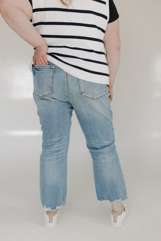JUDY BLUE MID - RISE KICK FLARE WITH DESTROYED HEM IN MEDIUM VINTAGE WASH - Love Marlow