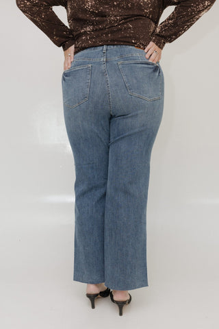 JUDY BLUE MID - RISE TUMMY CONTROL STRAIGHT LEG JEANS WITH RAW HEM - Love Marlow