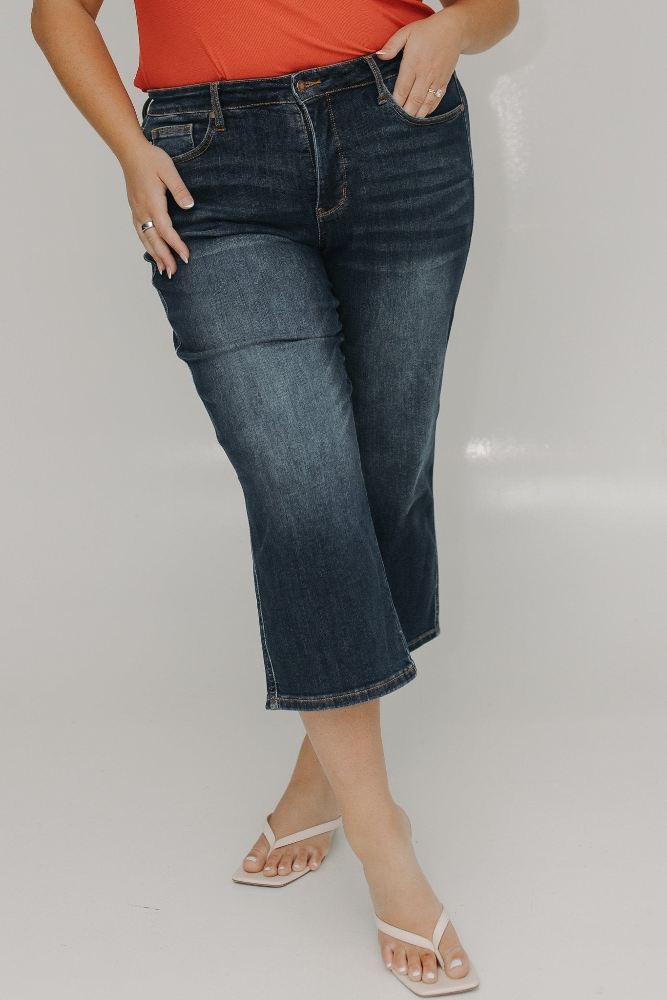 JUDY BLUE MID - RISE TUMMY CONTROL WIDE LEG CROP IN DARK WASH - Love Marlow