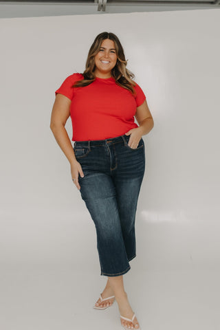 JUDY BLUE MID - RISE TUMMY CONTROL WIDE LEG CROP IN DARK WASH - Love Marlow