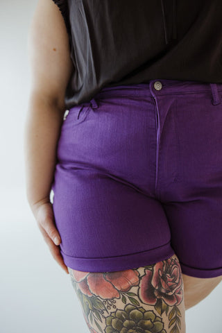 JUDY BLUE TUMMY CONTROL ROLLED CUFF SHORTS IN PURPLE RAIN - Love Marlow