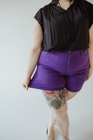JUDY BLUE TUMMY CONTROL ROLLED CUFF SHORTS IN PURPLE RAIN - Love Marlow