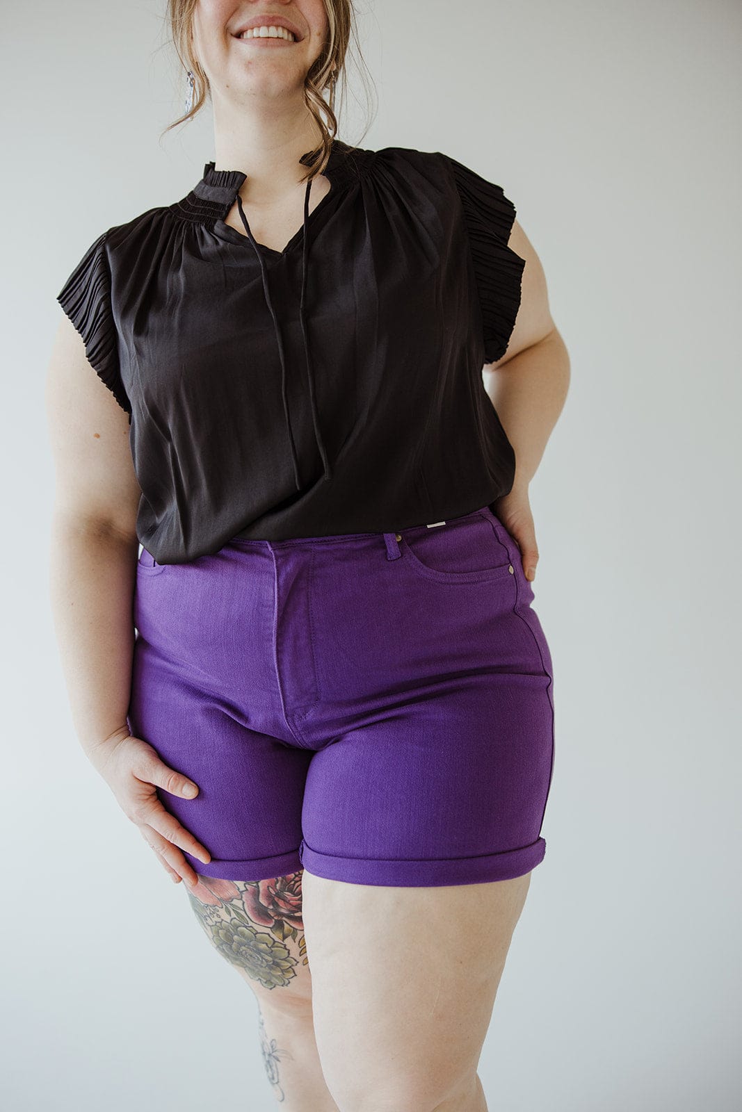 JUDY BLUE TUMMY CONTROL ROLLED CUFF SHORTS IN PURPLE RAIN - Love Marlow