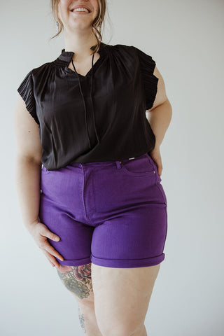 JUDY BLUE TUMMY CONTROL ROLLED CUFF SHORTS IN PURPLE RAIN - Love Marlow