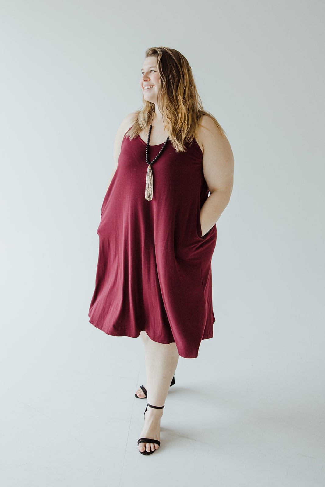 KNEE LENGTH A - LINE CAMI DRESS IN BLACK RASPBERRY - Love Marlow