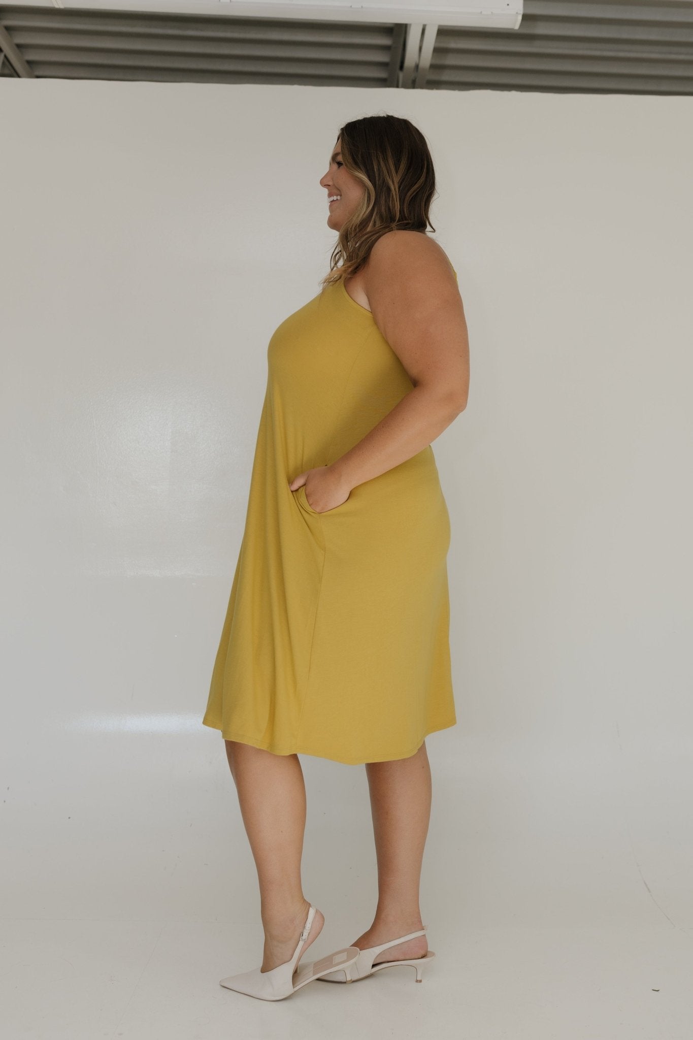 KNEE LENGTH A - LINE CAMI DRESS IN GOLDEN OLIVE - Love Marlow