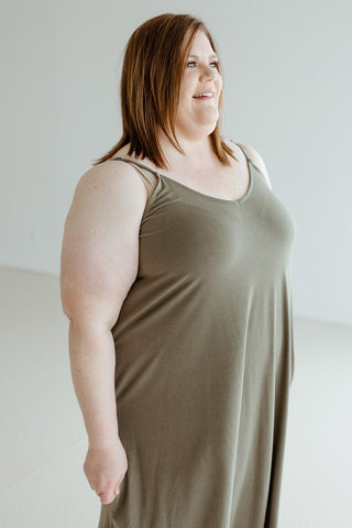 KNEE LENGTH A - LINE CAMI DRESS IN MOUNTAIN OLIVE - Love Marlow