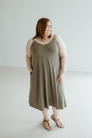 KNEE LENGTH A - LINE CAMI DRESS IN MOUNTAIN OLIVE - Love Marlow