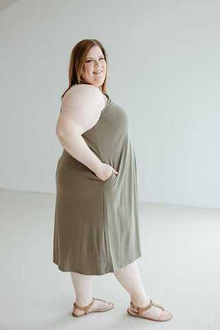 KNEE LENGTH A - LINE CAMI DRESS IN MOUNTAIN OLIVE - Love Marlow