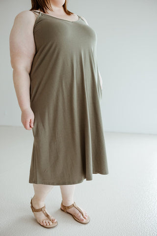 KNEE LENGTH A - LINE CAMI DRESS IN MOUNTAIN OLIVE - Love Marlow