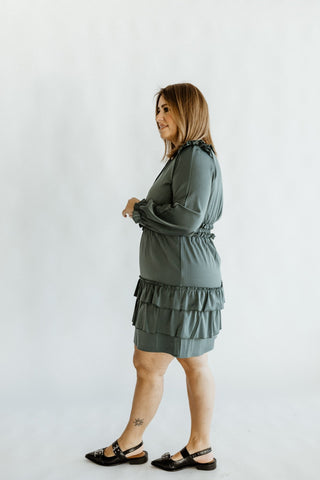 KNEE LENGTH DRESS WITH RUFFLES IN WINTER SPRUCE - Love Marlow