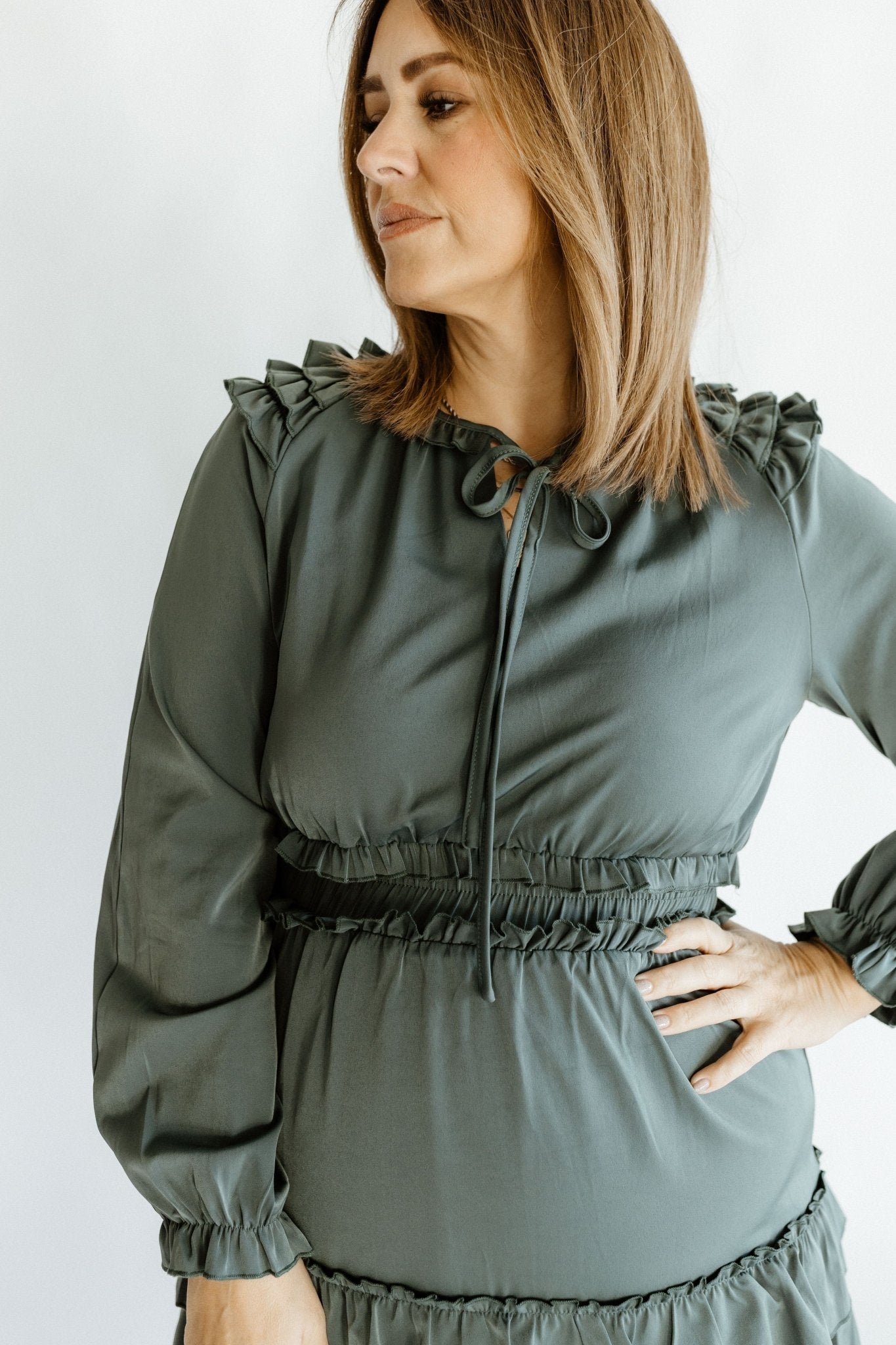 KNEE LENGTH DRESS WITH RUFFLES IN WINTER SPRUCE - Love Marlow