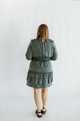 KNEE LENGTH DRESS WITH RUFFLES IN WINTER SPRUCE - Love Marlow