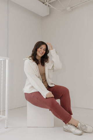 KNIT JACKET IN CREAM WITH DETACHABLE HOOD - Love Marlow