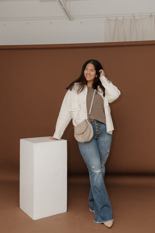 KNIT JACKET IN CREAM WITH DETACHABLE HOOD - Love Marlow