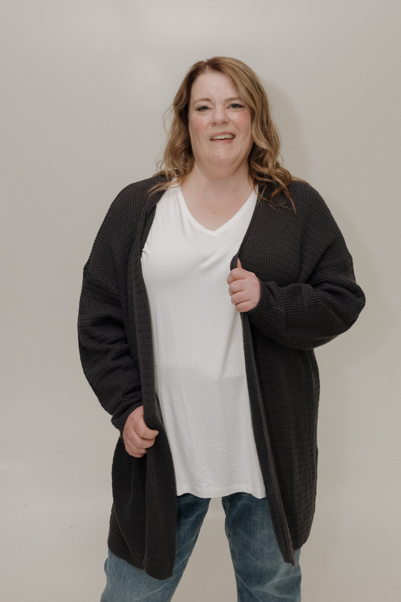 KNIT STRIPE PATTERN OPEN CARDIGAN - Love Marlow