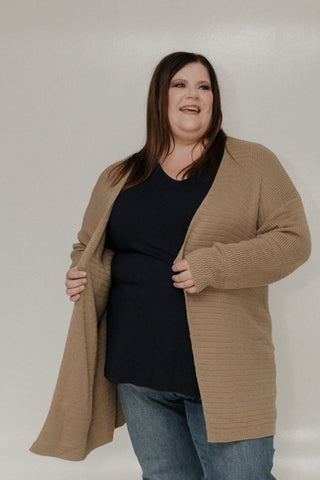 KNIT STRIPE PATTERN OPEN CARDIGAN IN LIGHT TAUPE - Love Marlow