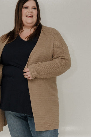 KNIT STRIPE PATTERN OPEN CARDIGAN IN LIGHT TAUPE - Love Marlow