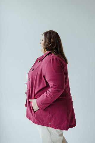 KNIT TAB BUTTON JACKET IN CRANBERRY - Love Marlow