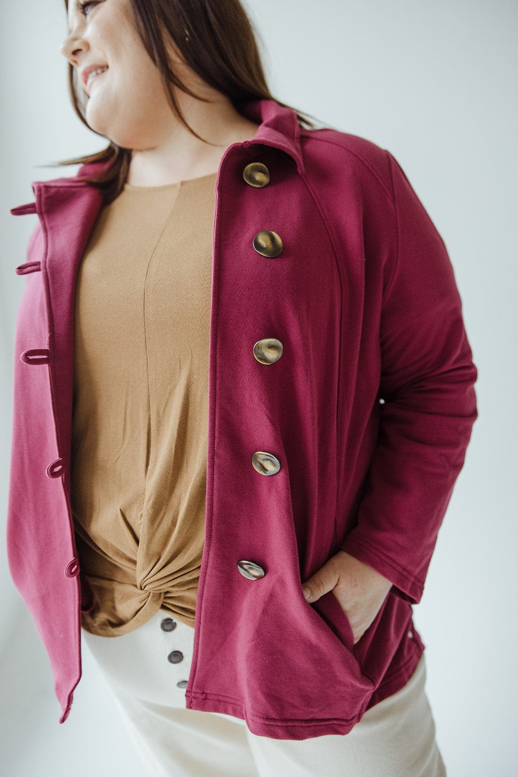 KNIT TAB BUTTON JACKET IN CRANBERRY - Love Marlow