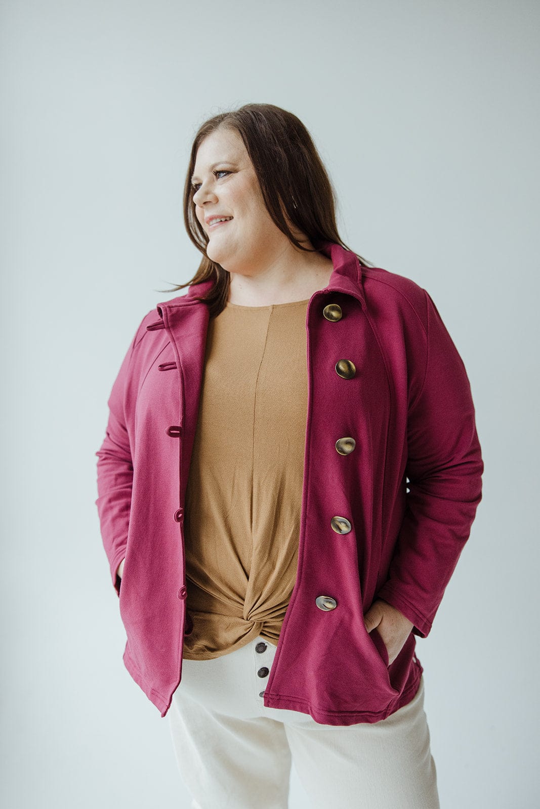 KNIT TAB BUTTON JACKET IN CRANBERRY - Love Marlow
