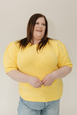 Knitted Floral Detailed Short Sleeve Sweater – Lemon - Love Marlow