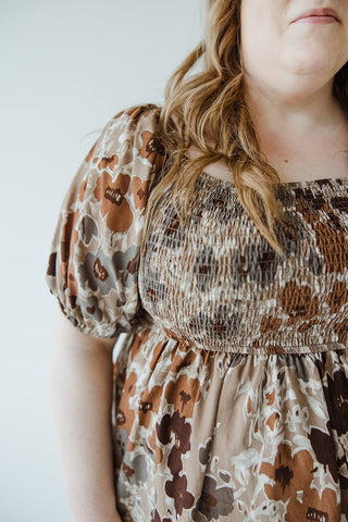 LARGE FLORAL SMOCKED BODICE DRESS IN COPPER MEDLEY - Love Marlow