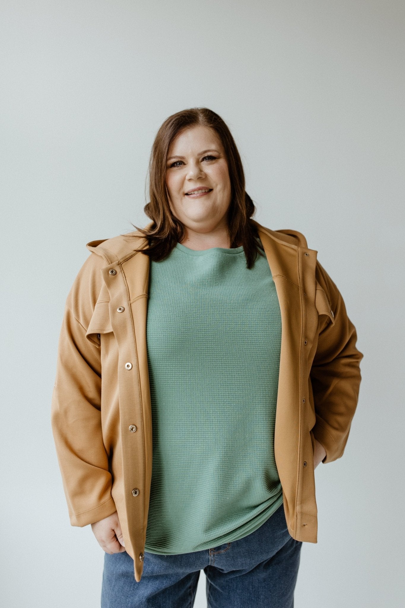 LIGHT AS AIR HOODED SNAP JACKET IN DARK CAMEL - Love Marlow