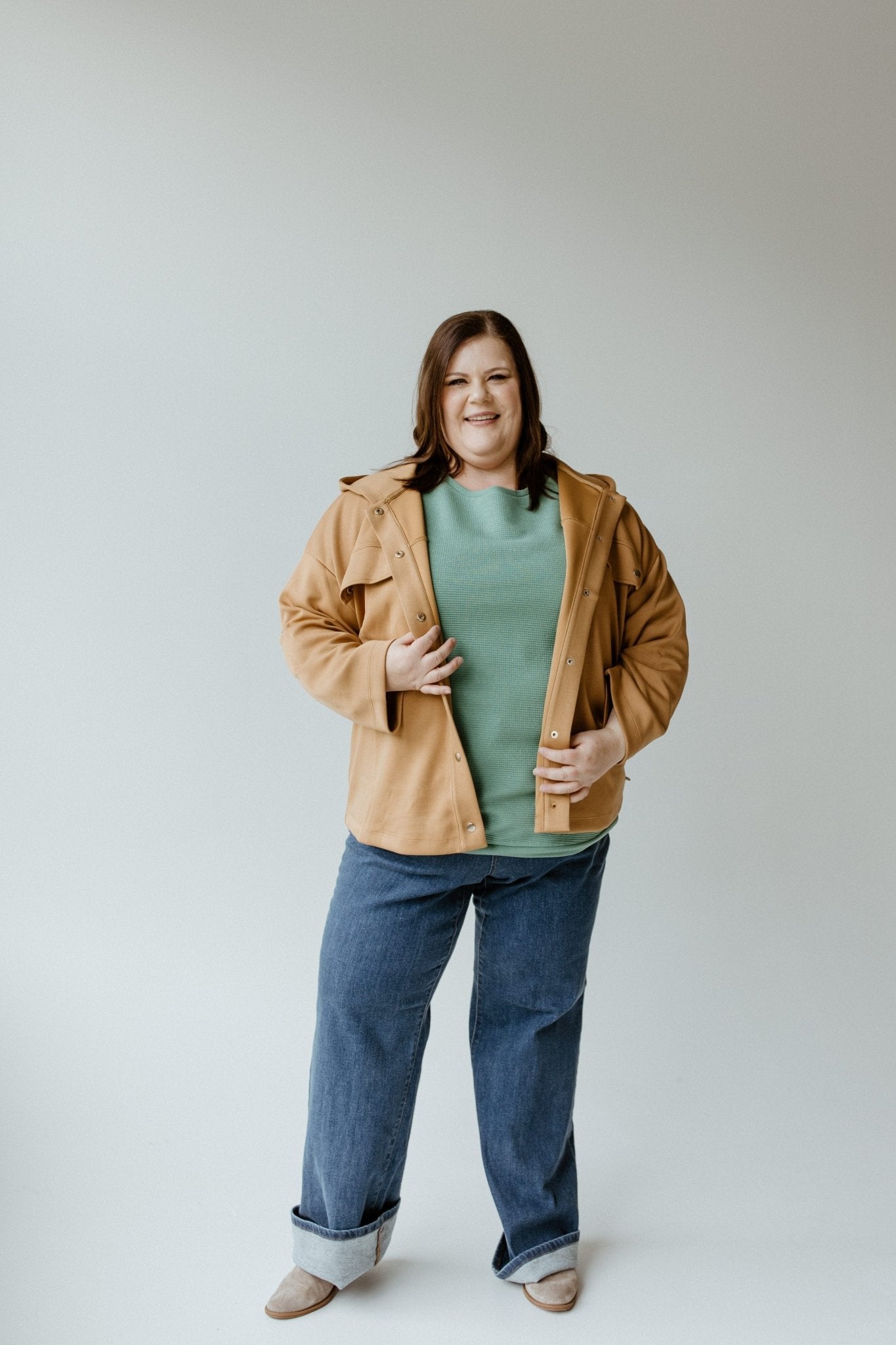 LIGHT AS AIR HOODED SNAP JACKET IN DARK CAMEL - Love Marlow