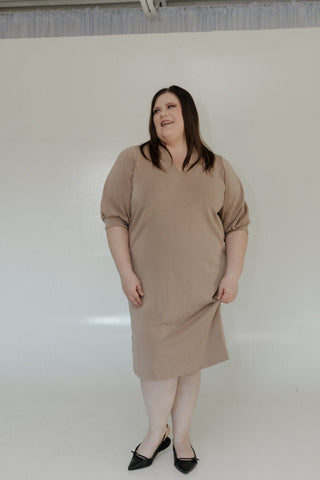 LIGHT AS AIR V - NECK DRESS WITH PIPING DETAIL IN MOCHA - Love Marlow