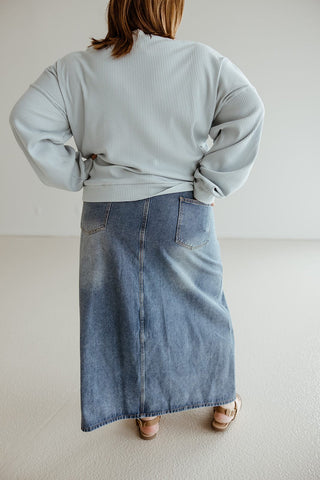 LIGHT WASH MIDI LENGTH DENIM SKIRT - Love Marlow