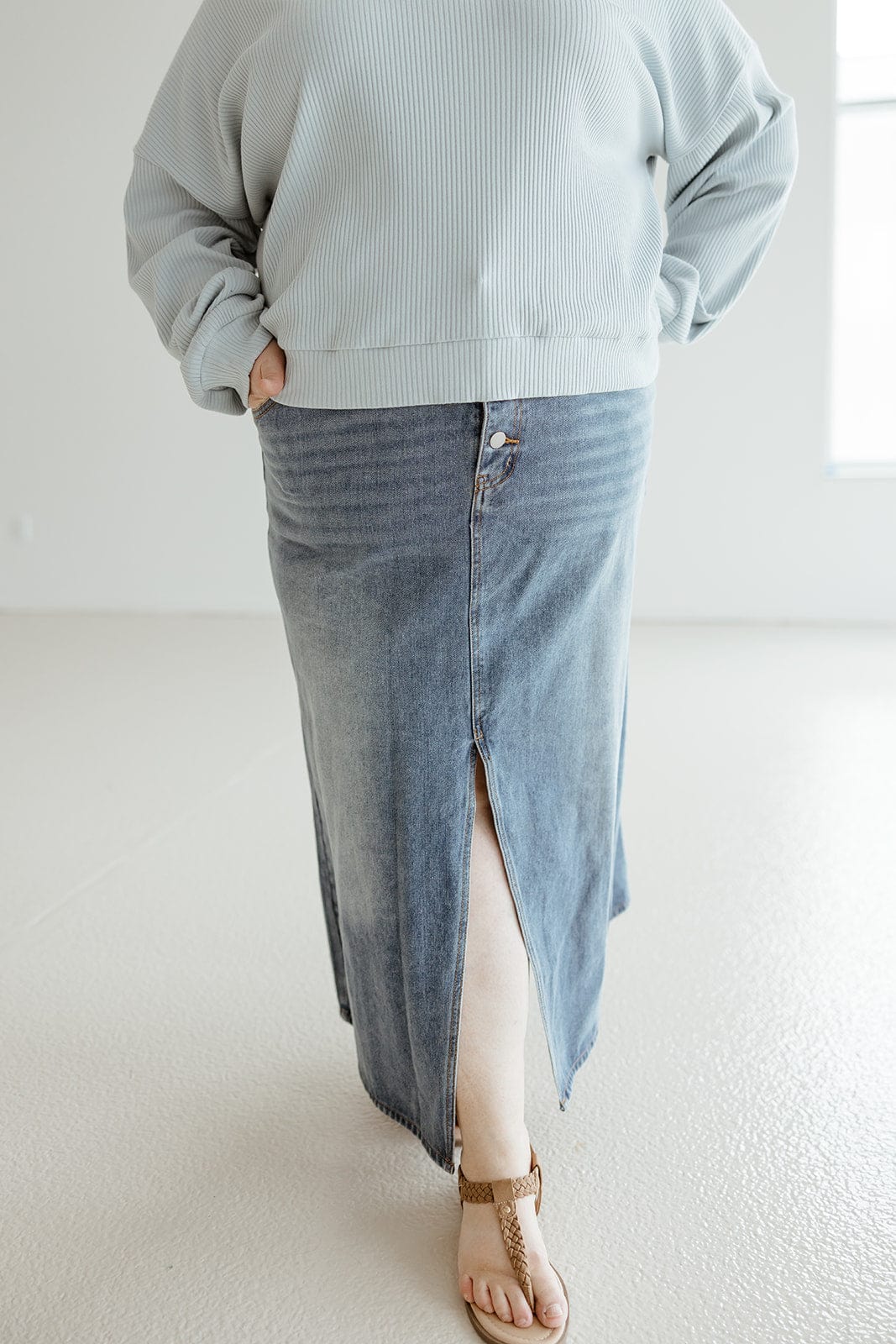 LIGHT WASH MIDI LENGTH DENIM SKIRT - Love Marlow