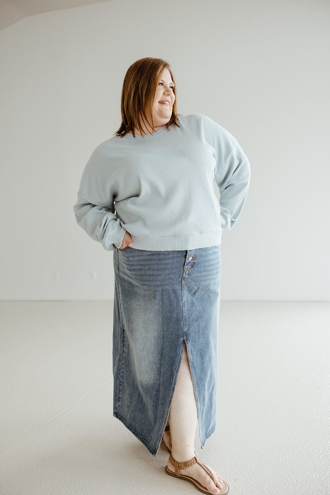 LIGHT WASH MIDI LENGTH DENIM SKIRT - Love Marlow