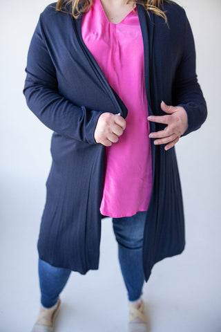 LIGHTWEIGHT LONG - SLEEVED DUSTER CARDIGAN IN DARK BLUE - Love Marlow