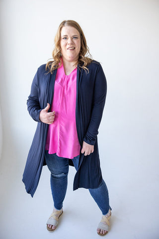 LIGHTWEIGHT LONG - SLEEVED DUSTER CARDIGAN IN DARK BLUE - Love Marlow