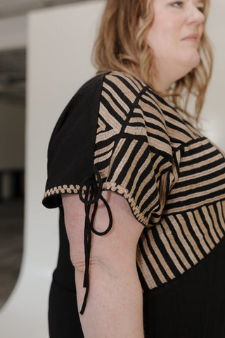 LINEAR EMBROIDERED KNIT BABYDOLL TOP WITH TIE SLEEVE DETAIL - Love Marlow