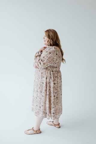 LONG BLOUSON SLEEVED SMOCKED BODICE DRESS IN SIMPLY ROSEY BEIGE - Love Marlow