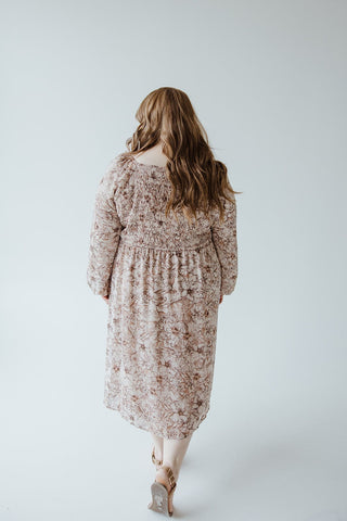 LONG BLOUSON SLEEVED SMOCKED BODICE DRESS IN SIMPLY ROSEY BEIGE - Love Marlow
