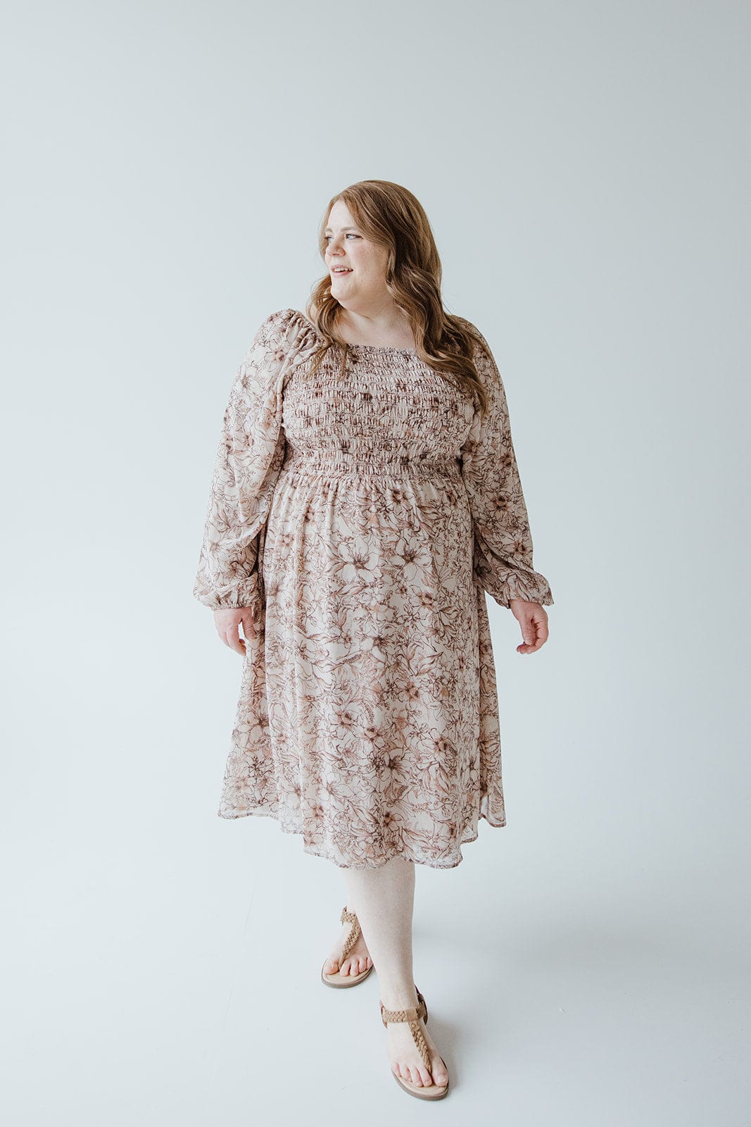 LONG BLOUSON SLEEVED SMOCKED BODICE DRESS IN SIMPLY ROSEY BEIGE - Love Marlow