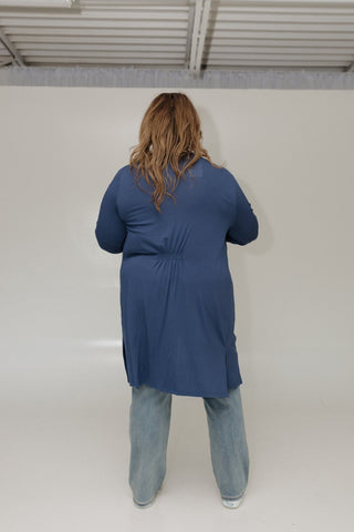 LONG SLEEVE CARDIGAN WITH BACK RUCHING IN TURKISH SEA - Love Marlow