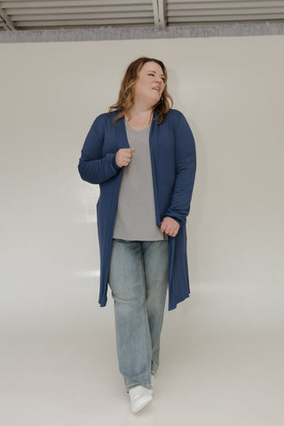 LONG SLEEVE CARDIGAN WITH BACK RUCHING IN TURKISH SEA - Love Marlow