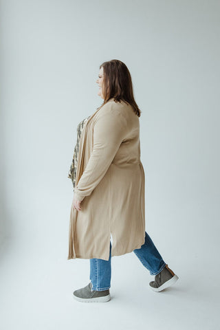 LONG SLEEVE CARDIGAN WITH BACK RUCHING IN WARM ALMOND - Love Marlow